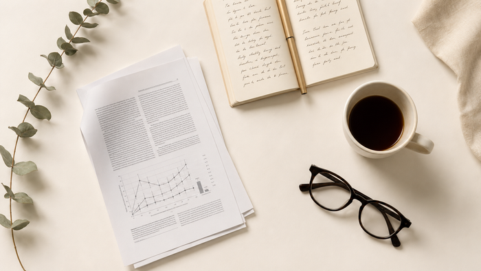 Clinical study papers, notebook, and coffee on a workspace surface