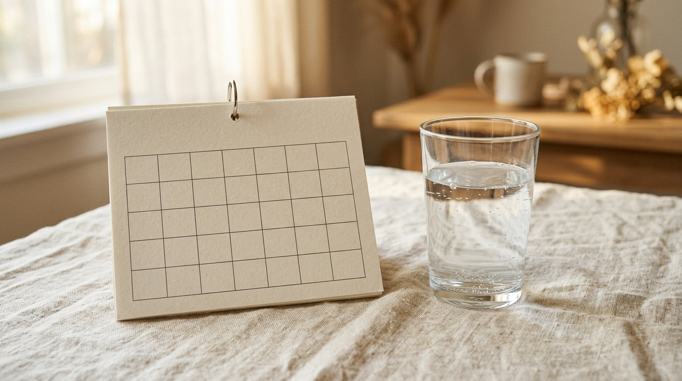 A calendar page and a glass of water in soft morning light on a linen surface.