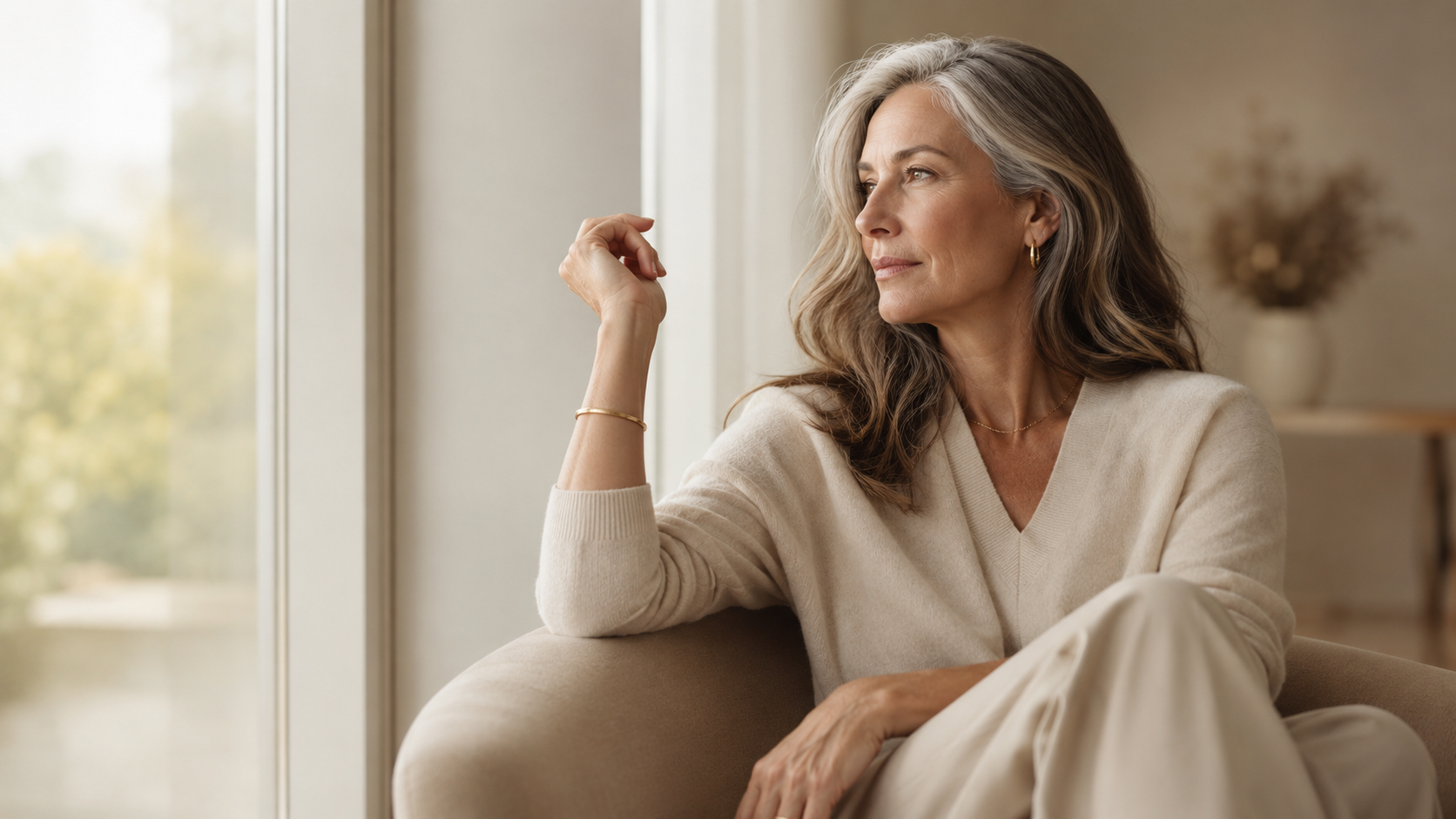 Woman in her late forties in soft morning light, gently flexing her hand — a calm portrait of active aging.