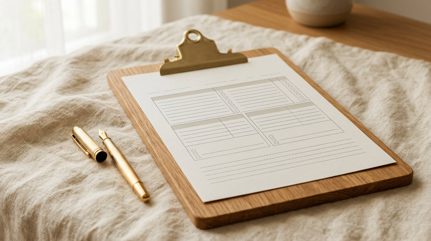 A clipboard with a blank assessment form and pen on a linen surface in soft daylight.
