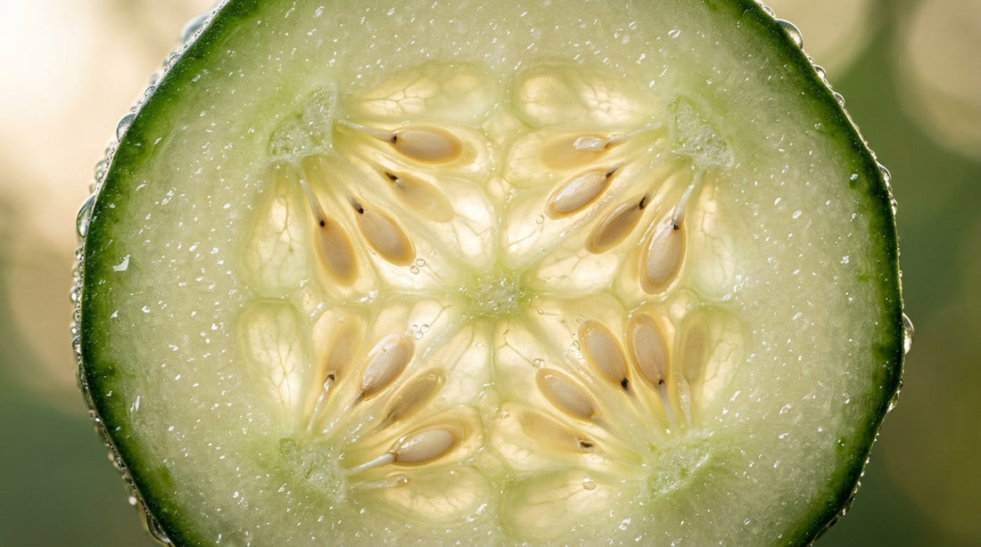 Macro photograph of a fresh cucumber cross-section showing seeds and translucent flesh in soft daylight.