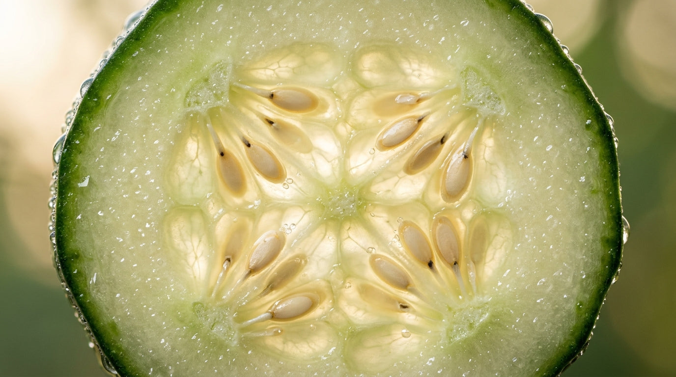 Macro photograph of a fresh cucumber cross-section showing seeds and translucent flesh in soft daylight.