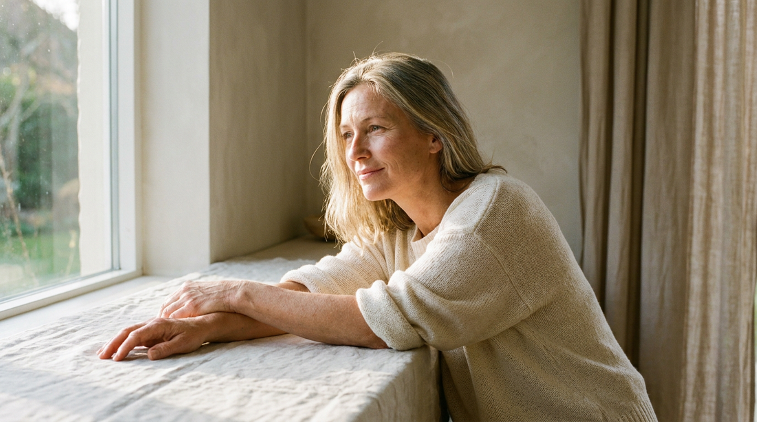 A woman in her late forties resting her forearms on a linen-covered windowsill in warm morning daylight, looking out with a relaxed half-smile.