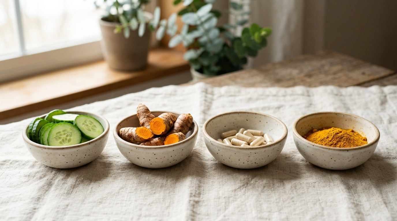 Four small dishes in a row on linen, each holding a different natural ingredient.