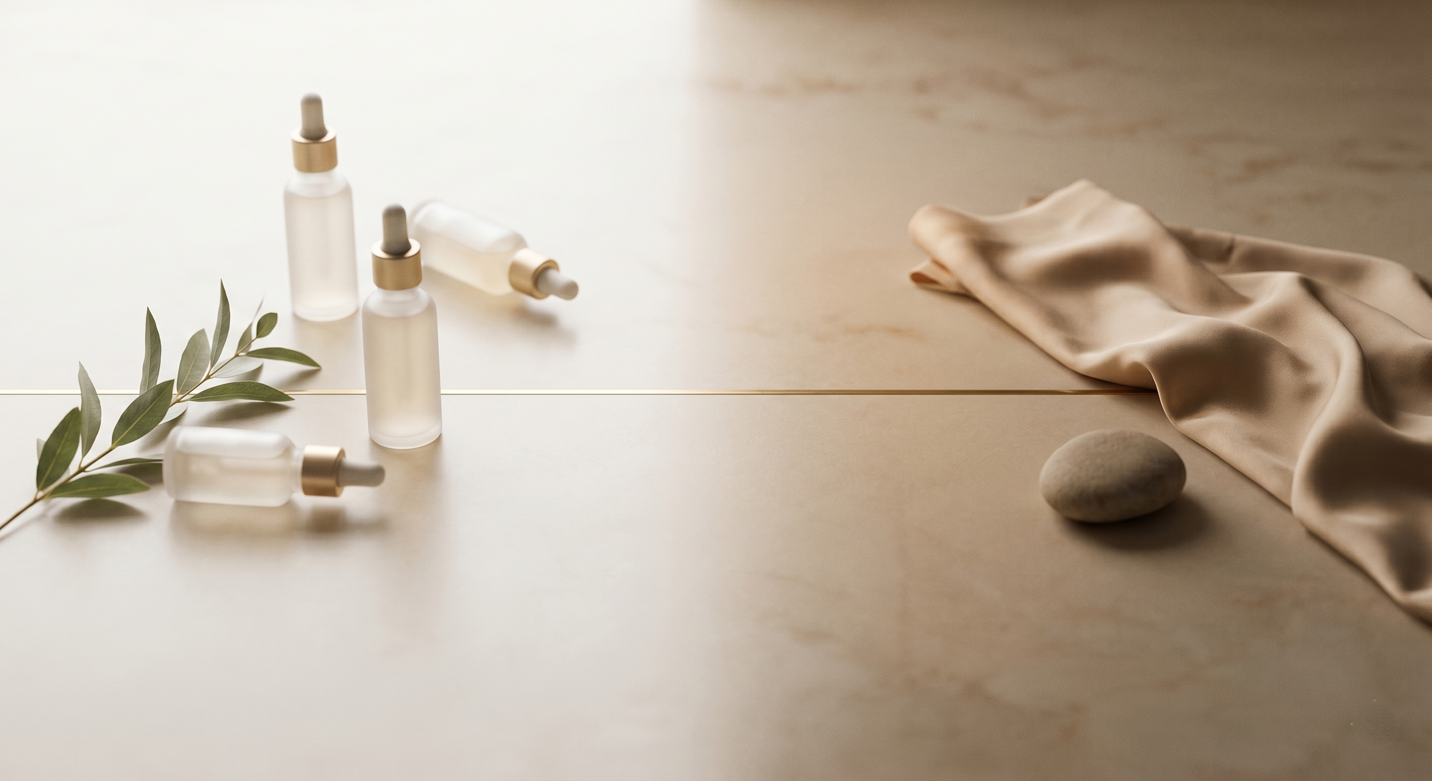 Editorial still-life split between morning daylight and evening dusk, suggesting an AM and PM skincare layering rhythm