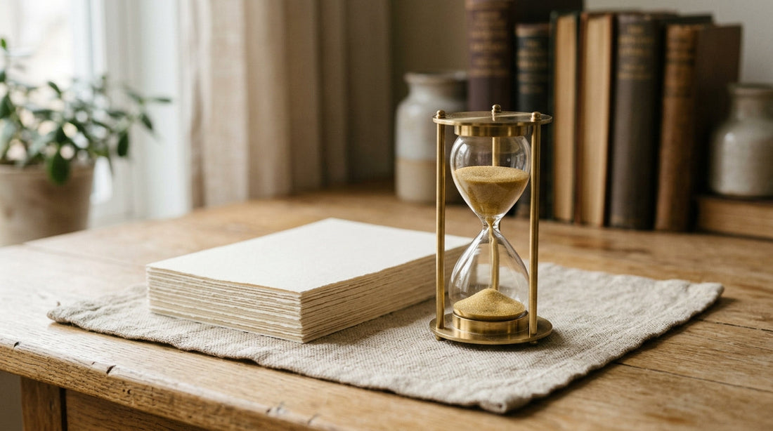 An hourglass beside a small stack of printed papers on a linen surface in soft light.