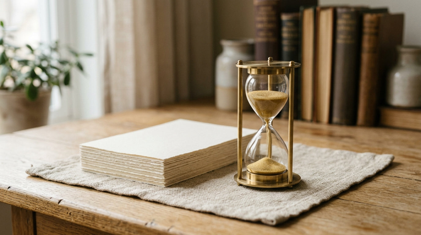 An hourglass beside a small stack of printed papers on a linen surface in soft light.