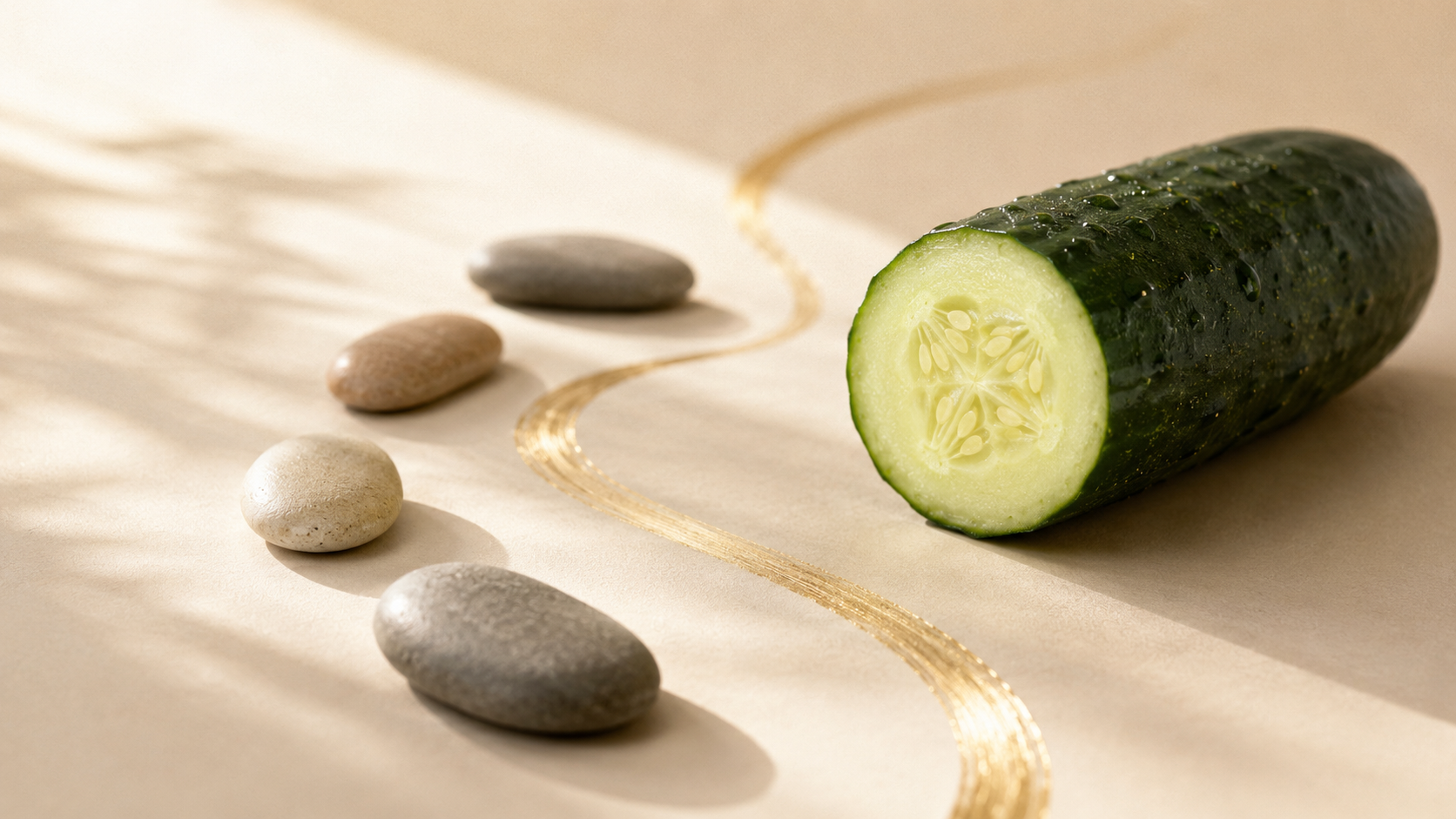 Fresh sliced cucumber beside smoothly arranged stones on a warm-ivory surface, suggesting easy, fluid movement