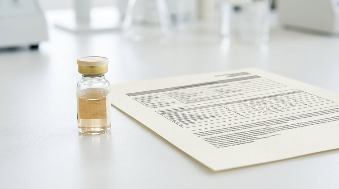 A laboratory glass vial and a clean document on a white surface in bright even light.