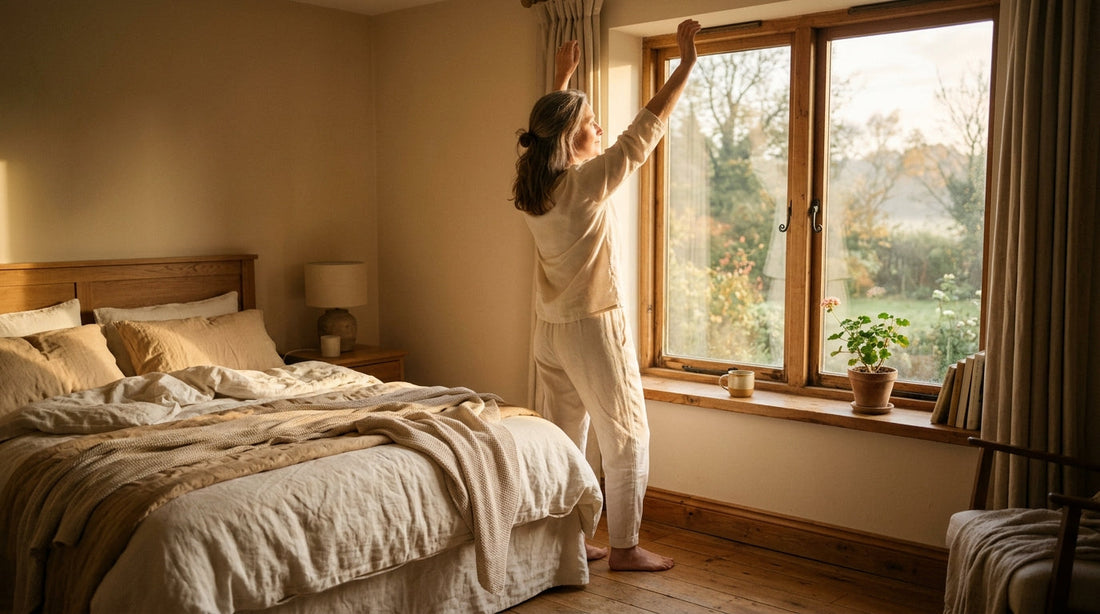 Soft-focus bedroom in early morning light with a person stretching by the window.