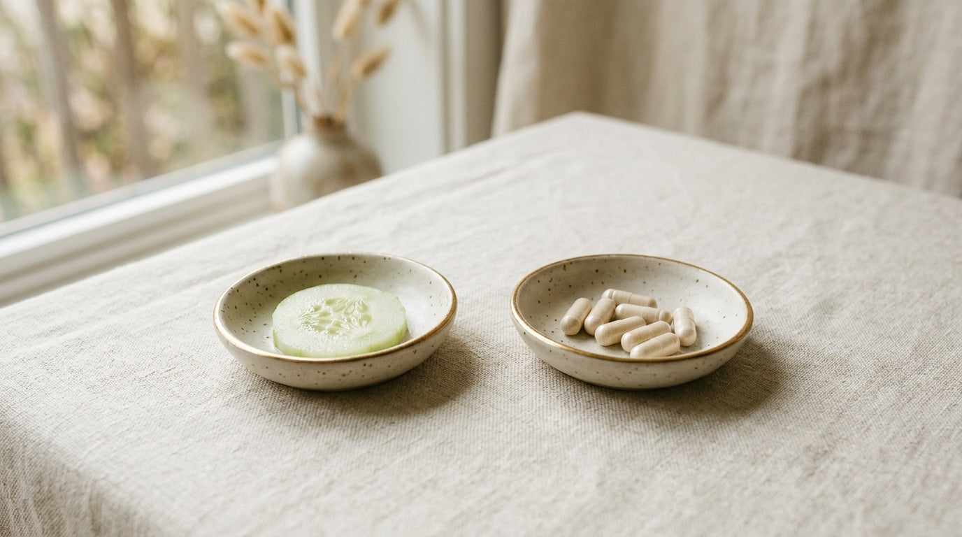 Two small dishes side by side, one holding a cucumber slice, one holding pale capsules — a quiet comparison still life