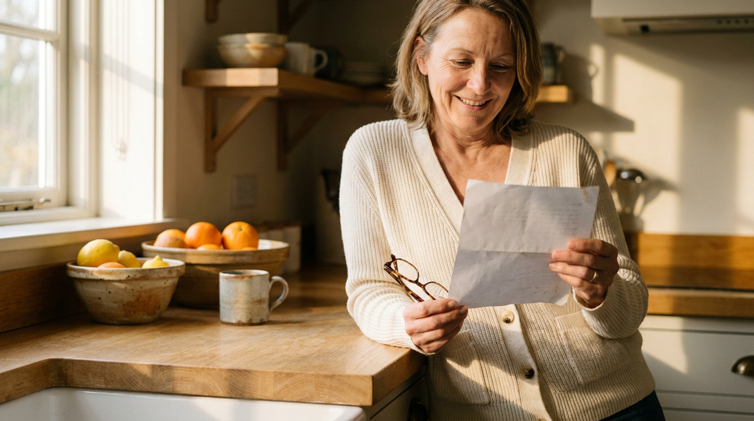 A woman in her fifties stands at a sunlit kitchen counter, holding reading glasses in one hand and studying a folded paper leaflet in the other.