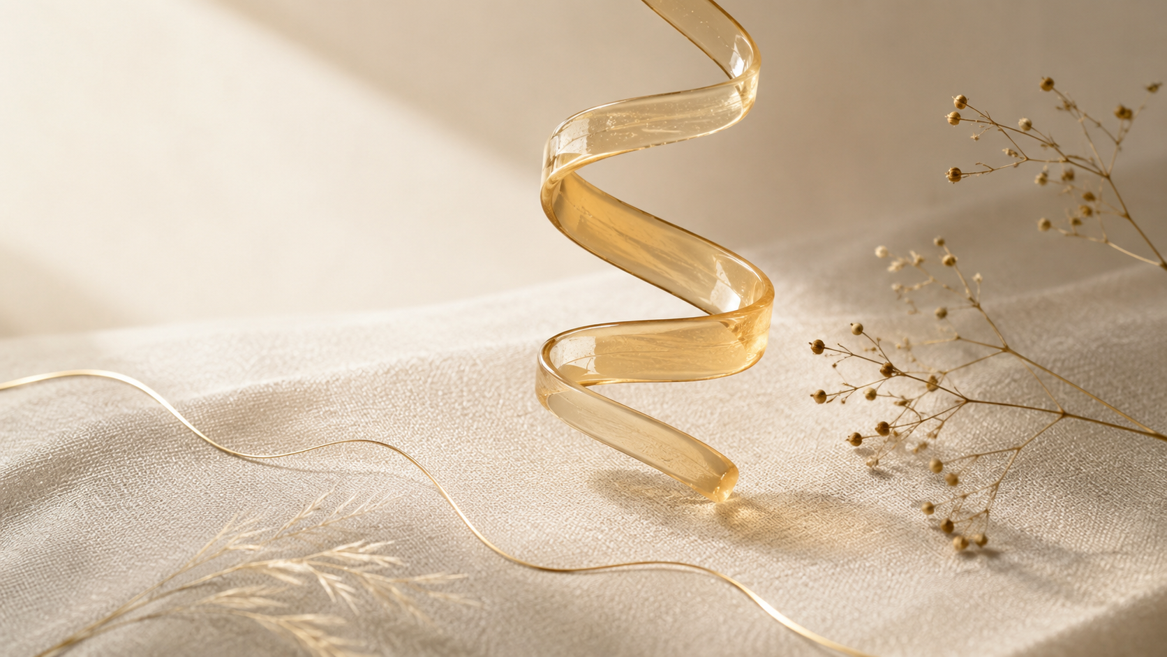 Abstract amber-gold gel ribbon and fine botanical threads on warm ivory linen with a thin gold-line accent.