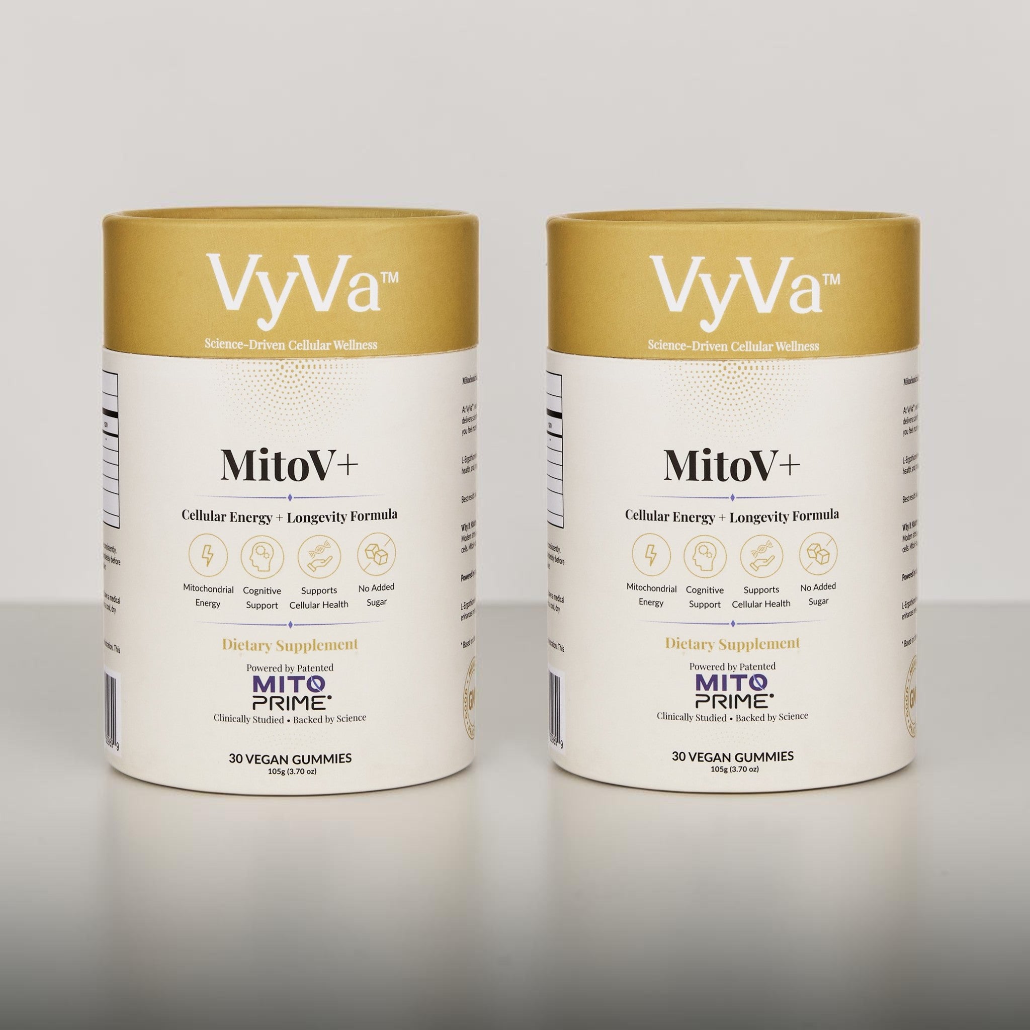 MitoV+ Longevity Gummies bottle with brand-forward square crop