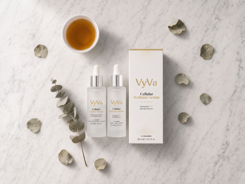 The Dawn to Dusk Duo serums on marble