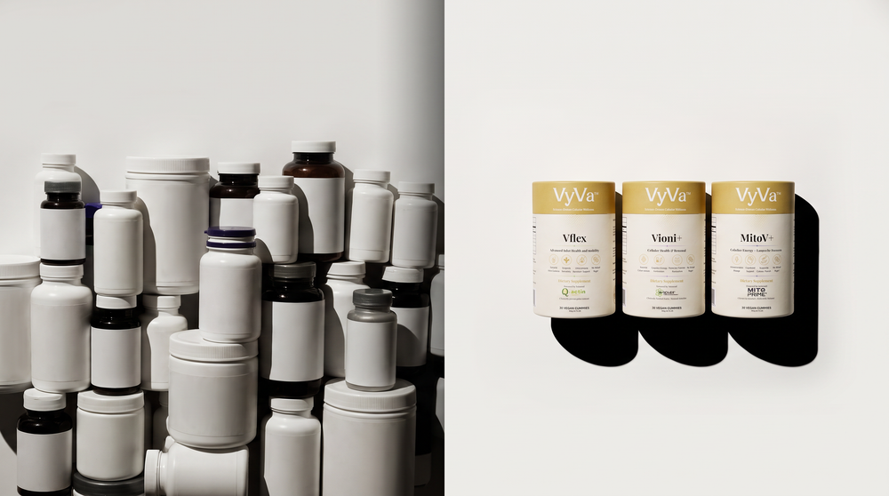 The three VyVa canisters beside a shelf of all-in-one supplements