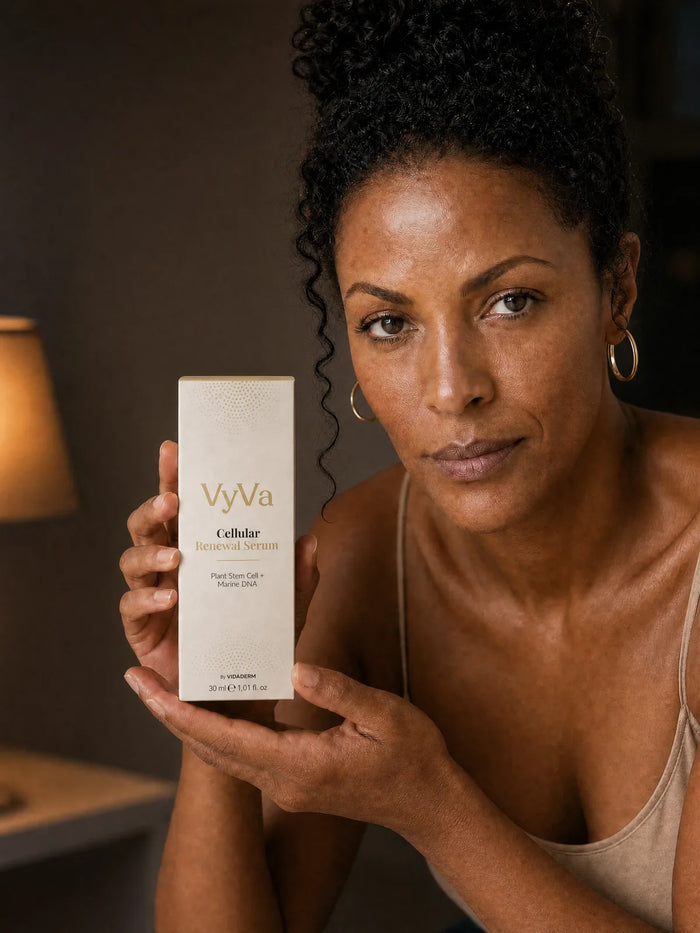 A woman holding the Cellular Renewal Serum carton