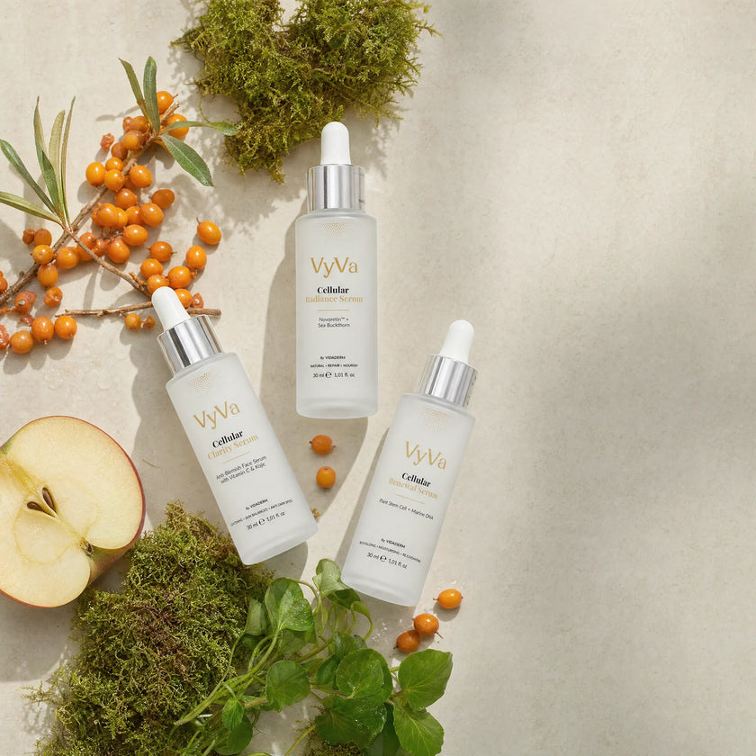 The three serums with sea buckthorn and botanicals, flat lay
