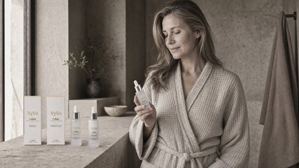 Woman in a robe holding a VyVa serum beside the Bare Duo cartons